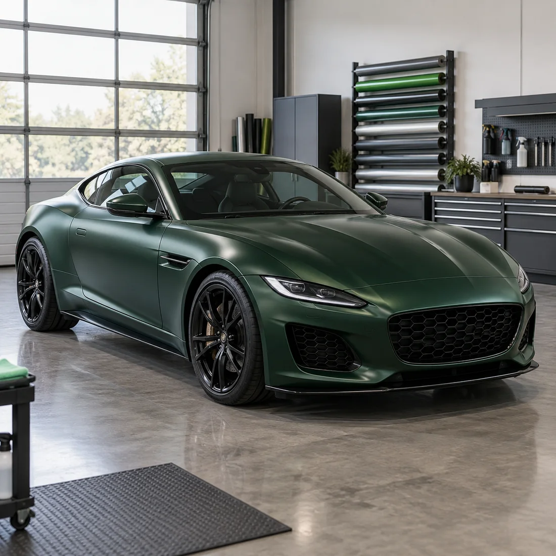 Esempio illustrativo di una coupé con wrapping verde satinato in officina