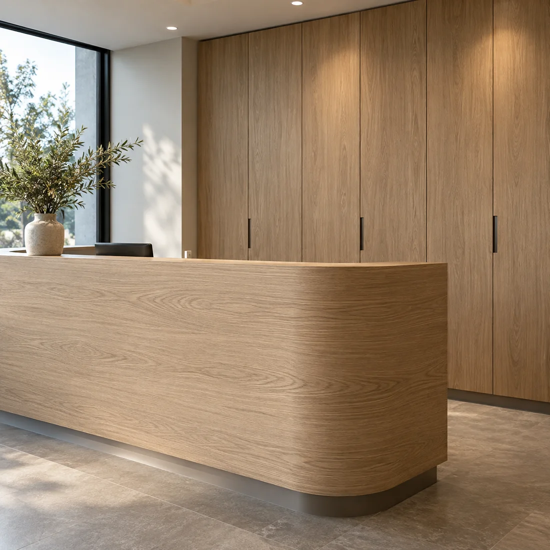 Esempio illustrativo di reception rivestita con pellicola effetto legno